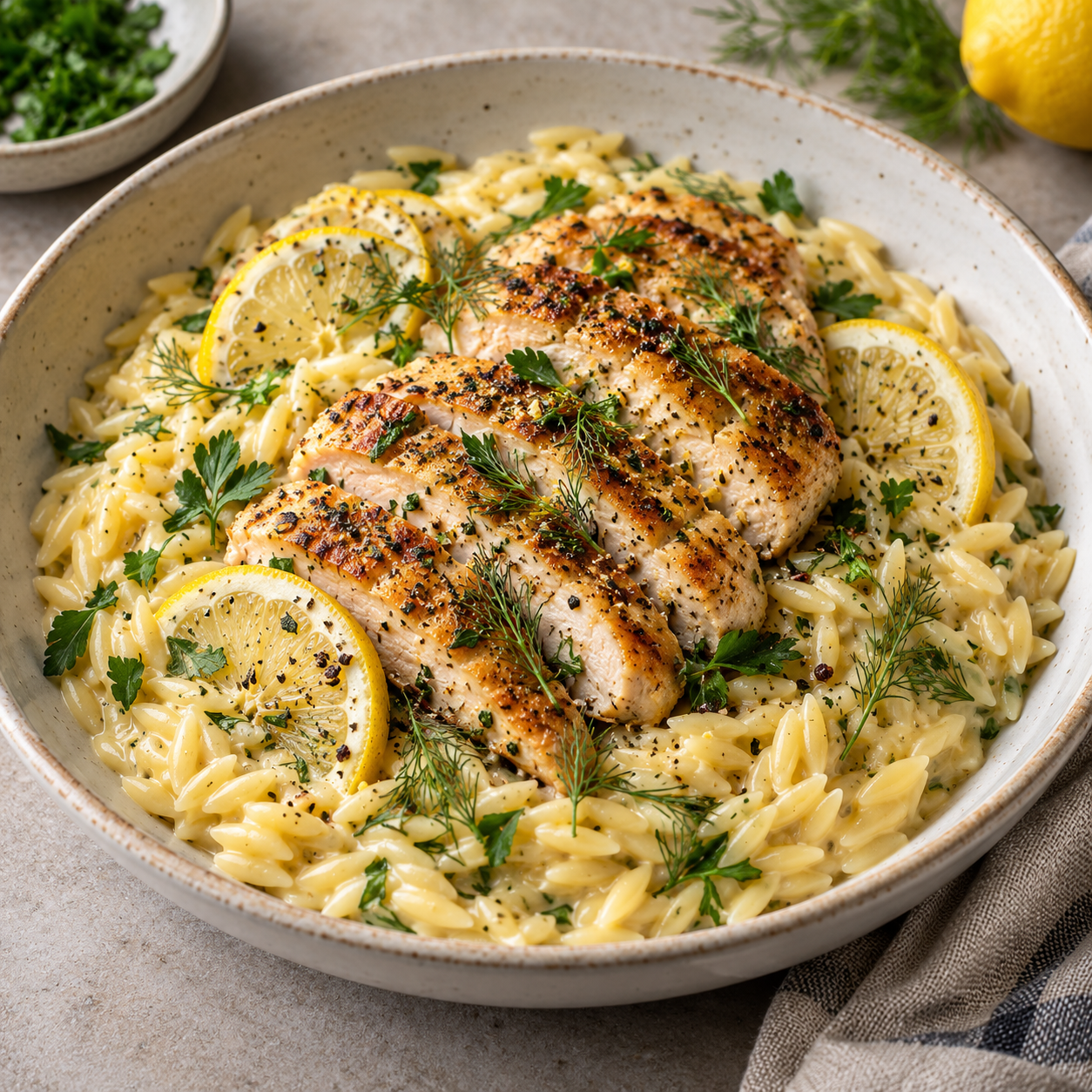 An illustrative creamy lemon chicken orzo, made with an AI-generated sample photo.